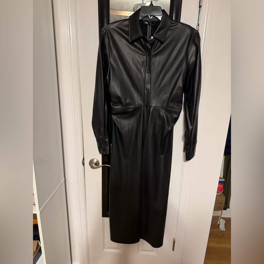 Zara Black Long Sleeve Faux Leather Button-Up Dress